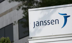 A logo sign outside of facility occupied by Janssen Pharmaceuticals, a subsidiary of Johnson & Johnson, in Somerville, New Jersey on May 31, 2015. Photo Credit: Kristoffer Tripplaar/ Sipa USA *** Please Use Credit from Credit Field ***